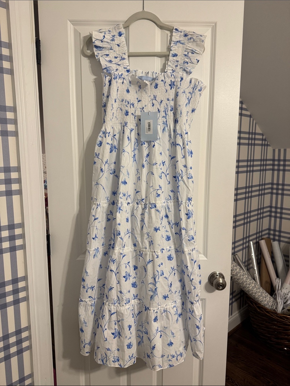 Hill House White Midi Dress with Blue Floral Print